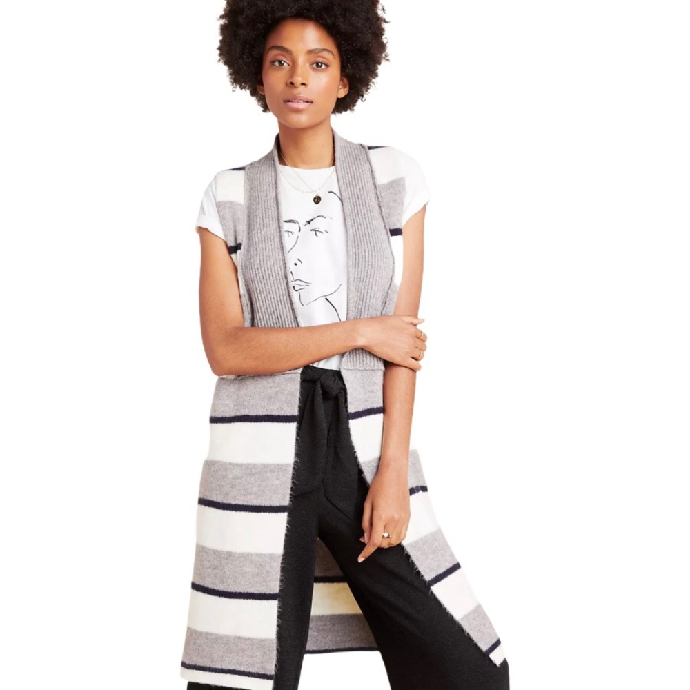 Anthropologie Pencey Longline Knit Striped Sweater Vest Grey Stripe Size Small